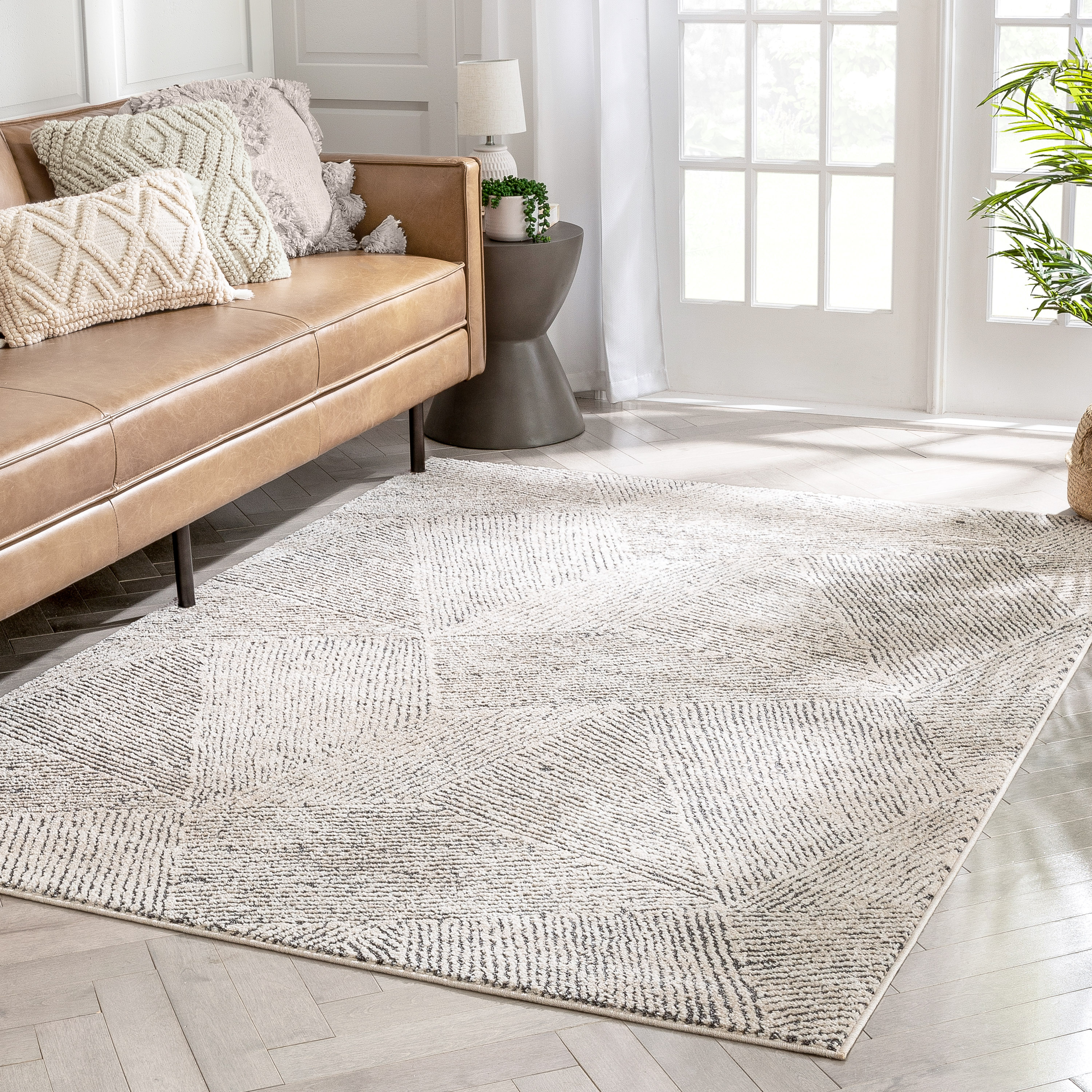 Well Woven Malaga Enzo Geometric Lines Beige 5'3" x 7'3" High-Low Area Rug