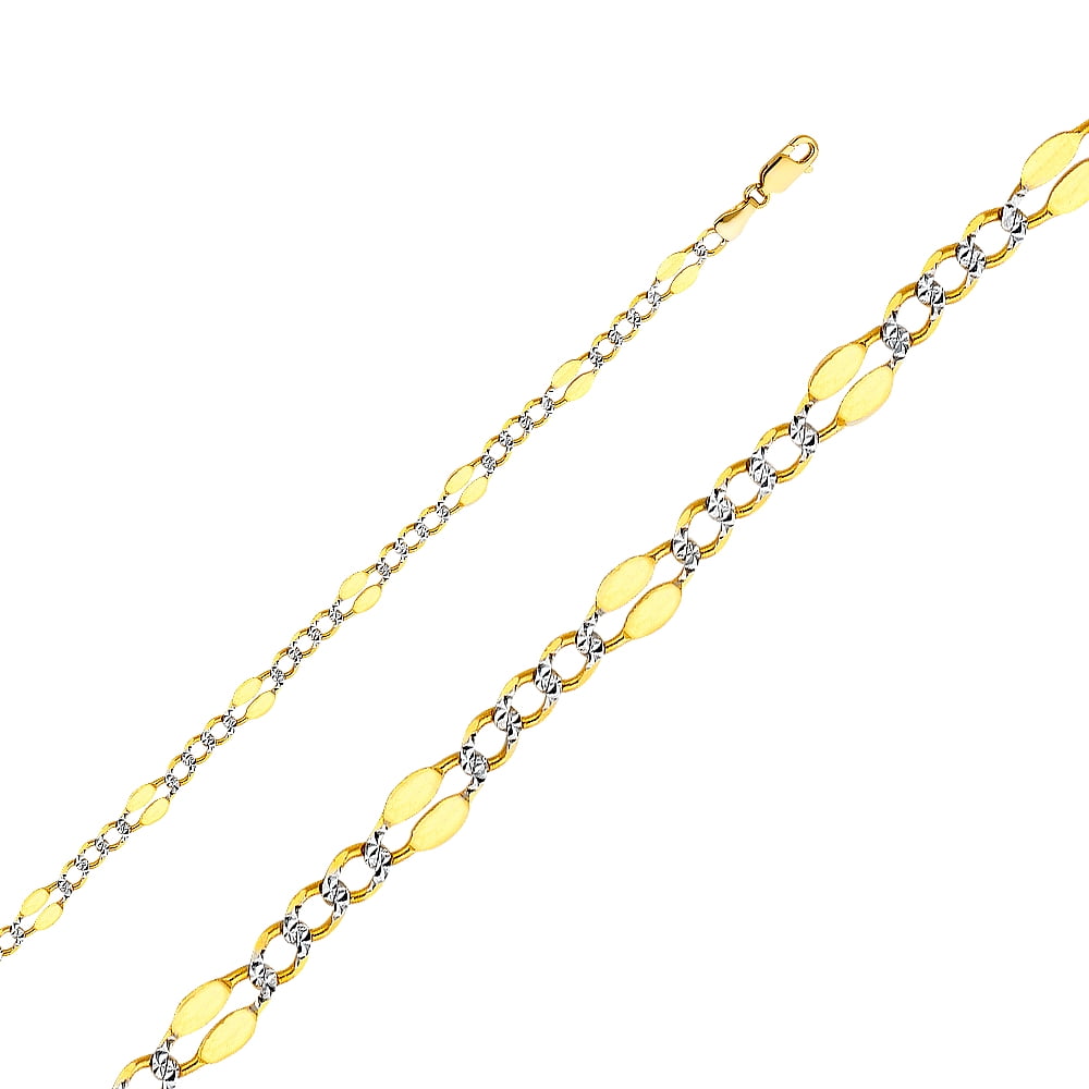 FB Jewels 14K White and Yellow Gold Two Tone Figaro White Pave Chain Necklace With Lobster Claw Clasp
