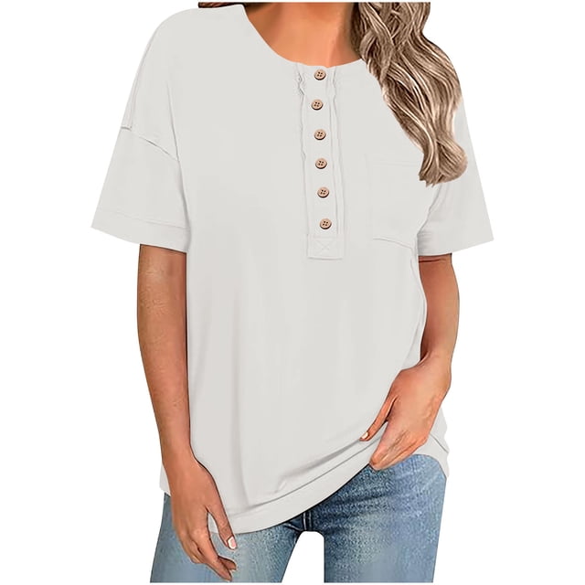 Yuyuzo Womens Summer Tops Short Sleeve Shirts Button up Crewneck Loose Fitted Blouses