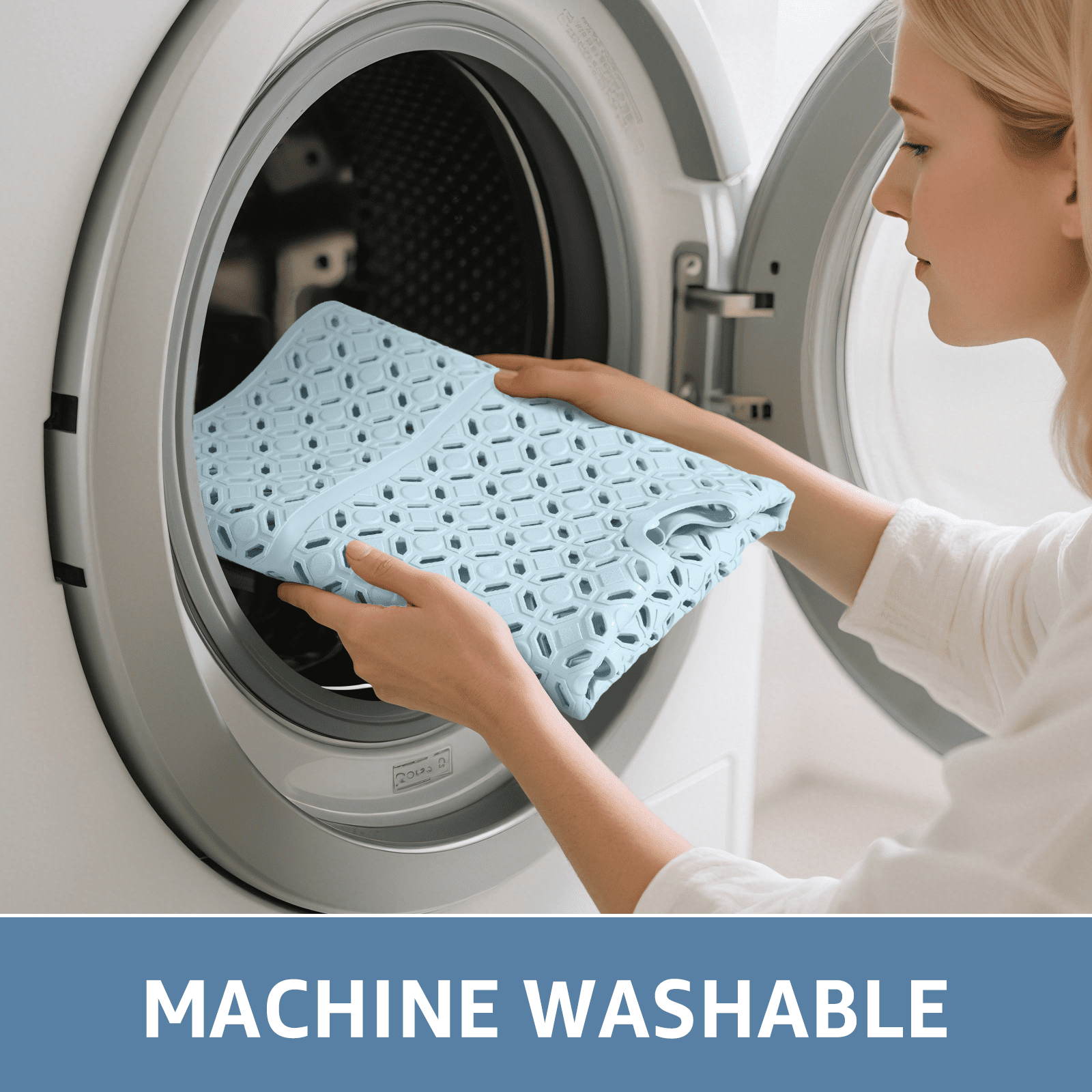 Yolife 27" x 27" Square Shower Mat, Non-Slip TPE Bath Mat with Drain Hole & Suction Cups, Machine Washable Soft Floor Mat for Tub or Stall,Light Blue