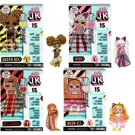 LOL Surprise JK Queen Bee, Diva, Swag & Neon QT Set of 4 Mini Fashion Dolls