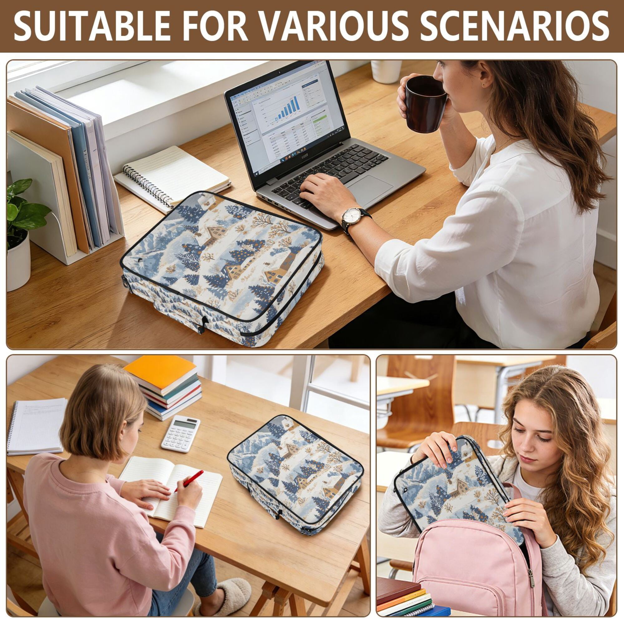 FORMRS Accordion File Folder A4 Size 7-Pocket Expanding Document Organizer Bag with 3 Ring Binder, Snowy Winter