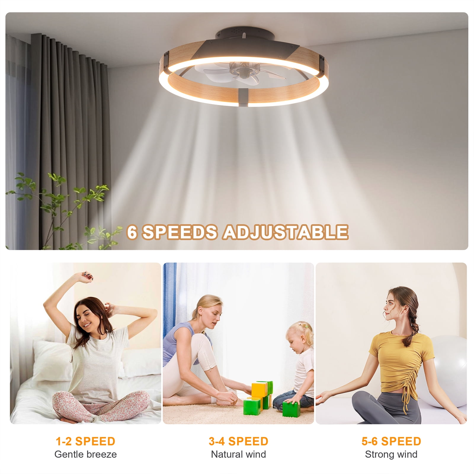 Garwarm 20" Modern Ceiling Fan with Lights and Remote, Dimmable LED Flush Mount Fandelier, Low Profile Ceiling Fan, 6-Speed Reversible Black Wood Fan for Bedroom, Living Room