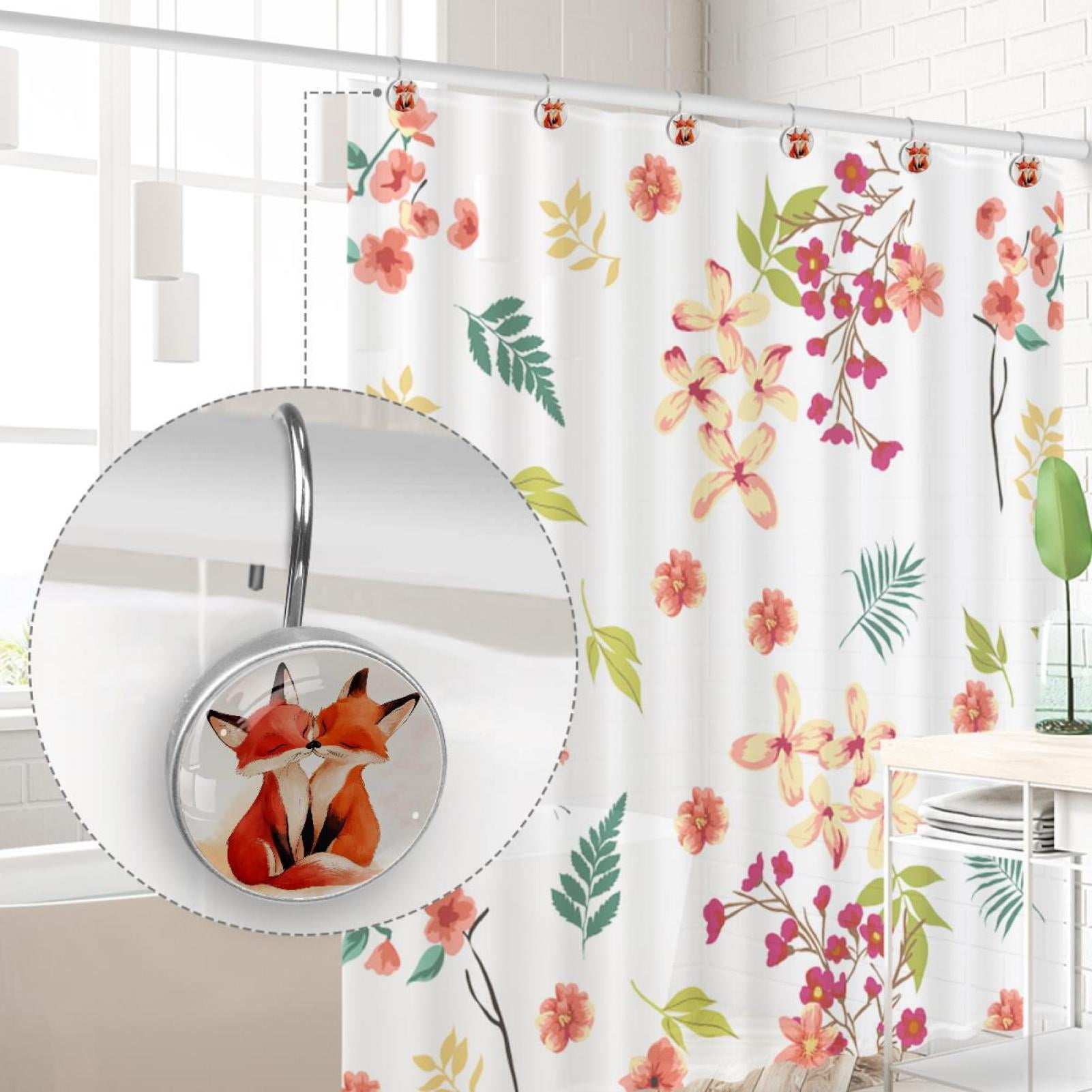 Two Red Foxes Shower Curtain Hooks Round Crystal Glass, Set of 12 Shower Curtain Rings - Shower Hooks for Curtain Shower Rings