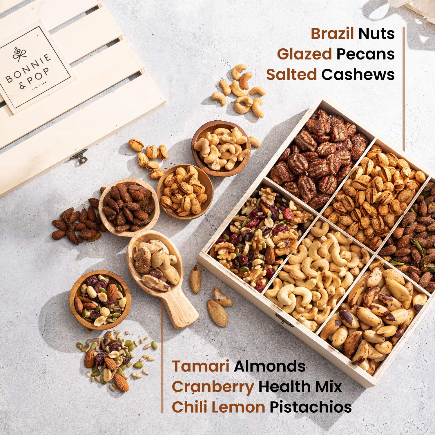 Bonnie & Pop- Nut Gift Basket, in Reusable Wooden Crate, Healthy Gift Option, Gourmet Snack Food Box, with Unique Flavors, Great for Christmas, Easter, Feel Better, Sympathy & Birthday