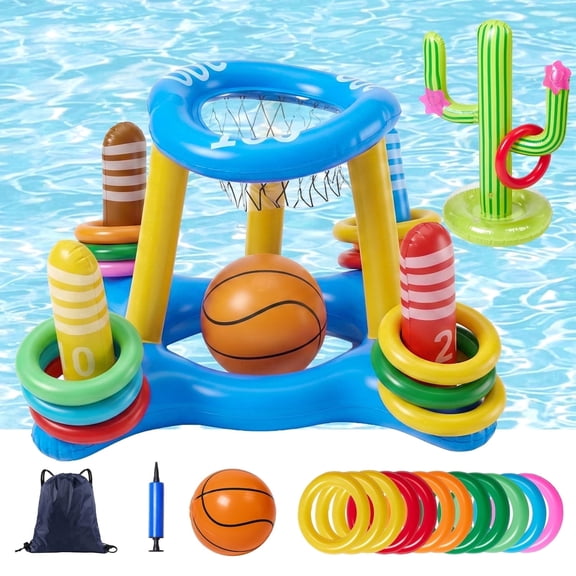 Lictin Pool Toys for Kids, 3-in-1 Swimming Pool Games Set with Inflatable Basketball Hoop, Cactus Floats and Ring Toss Game Toys for Kids Adults Summer Water Party
