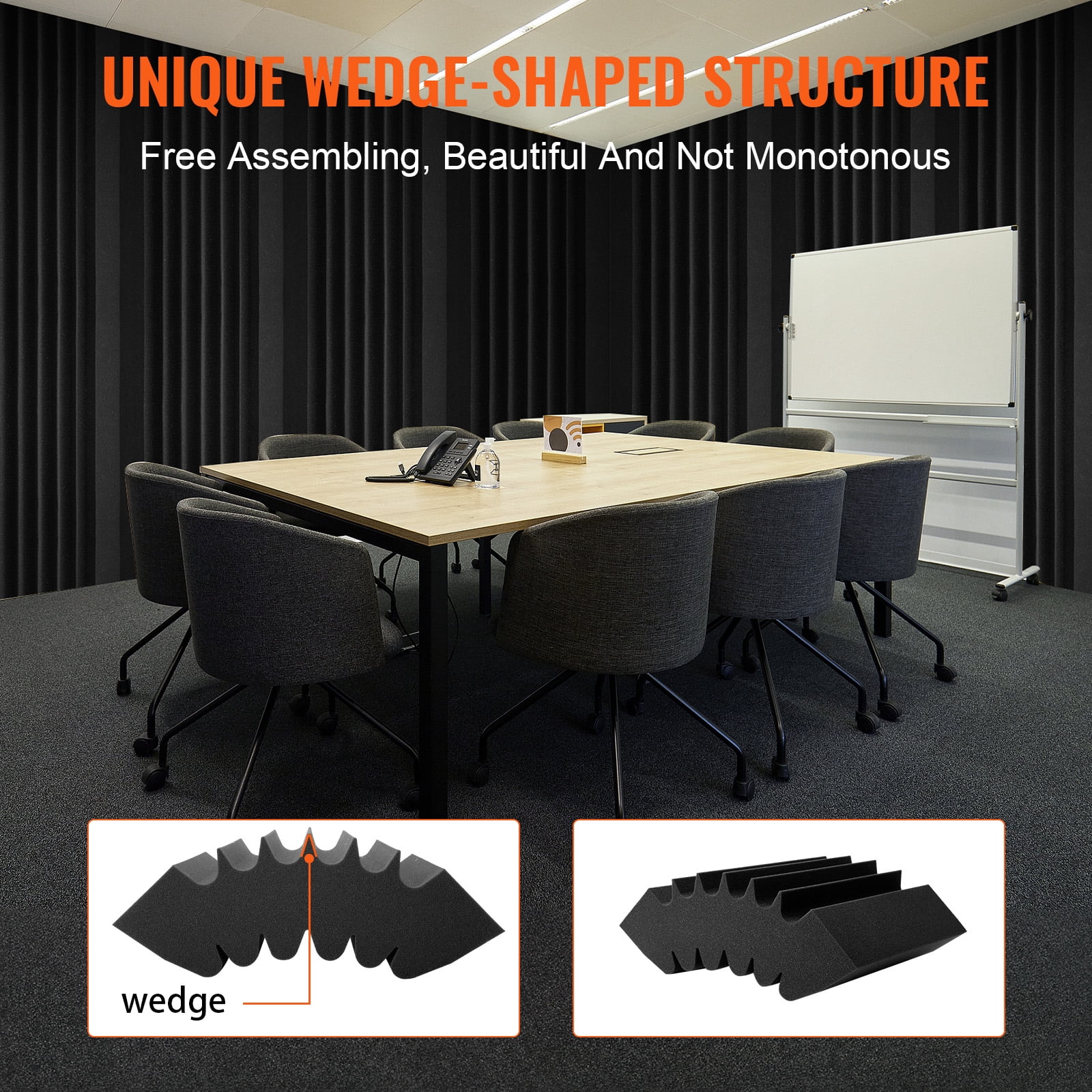 VEVOR Acoustic Foam Panels,4 Pack 16.5 x 6.3 x 12 inches,Adhesive High Density Soundproof Wall Panels,Sound Dampening Absorbing Panel for Studio Wall and Ceiling,Black