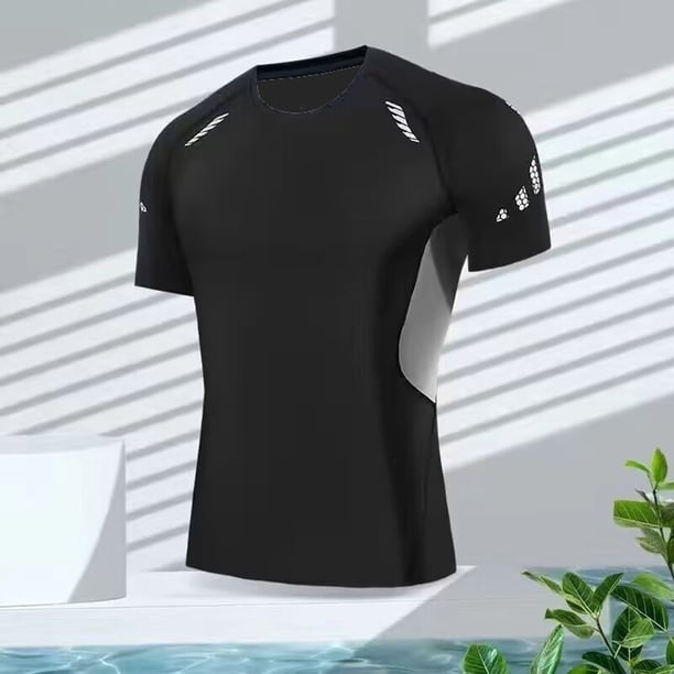 Tops para hombre, blusas y camisas de manga corta con cuello redondo para hombre, camisetas deportivas casuales ajustadas de alta elasticidad con cuello redondo, blusas de licra para hombre