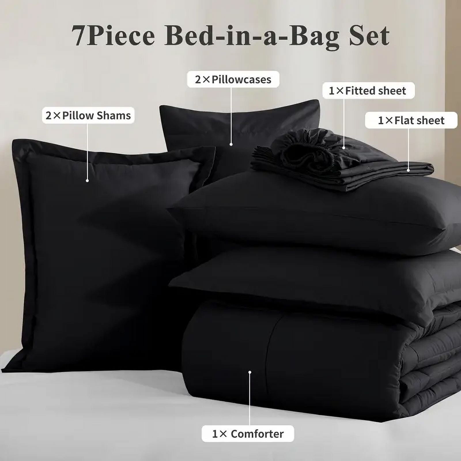 RUIKASI 7 Pieces Black Queen Bed Comforter Set with Sheets - Bed in a Bag with Comforter and All Season Sheets, Pillowcases