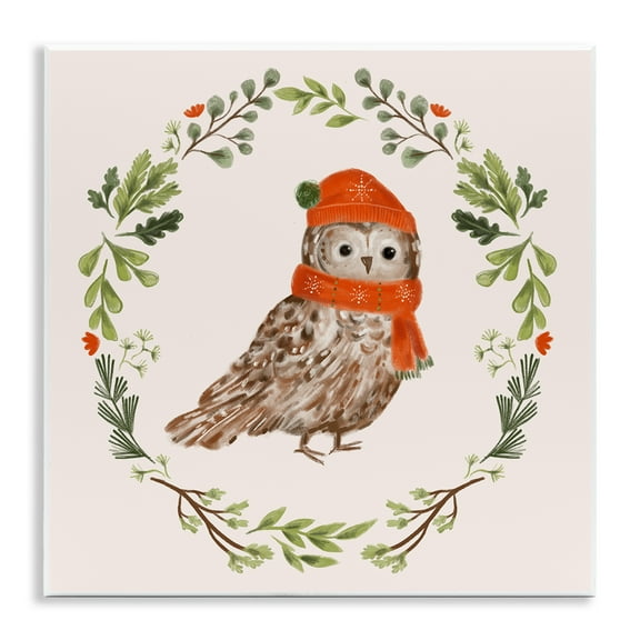 Stupell Industries Holiday Owl Wreaf Holiday Painting Unframed Art Prints Wall Art, 12 x 12