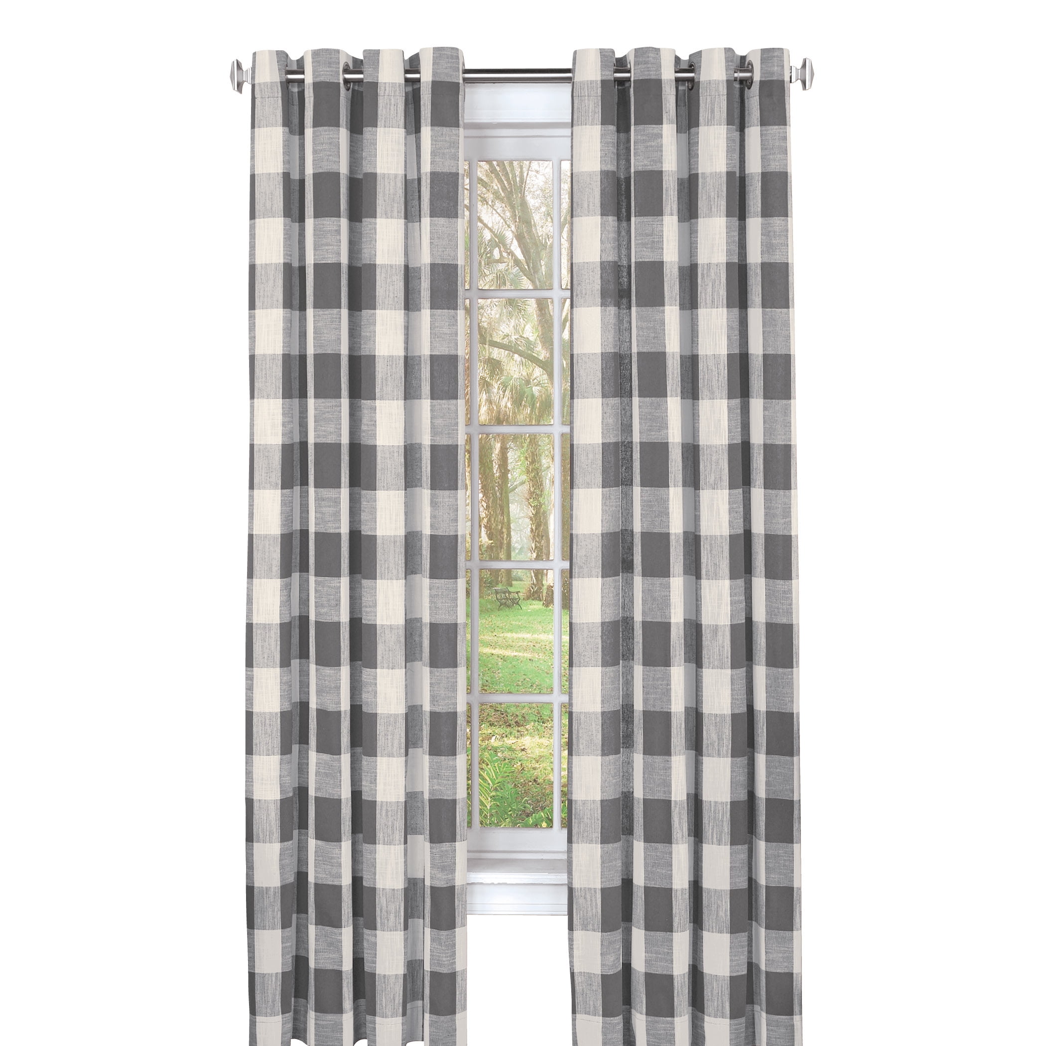 Lorraine Courtyard Plaid Woven Curtain Panel with Grommets Gray 63" length 