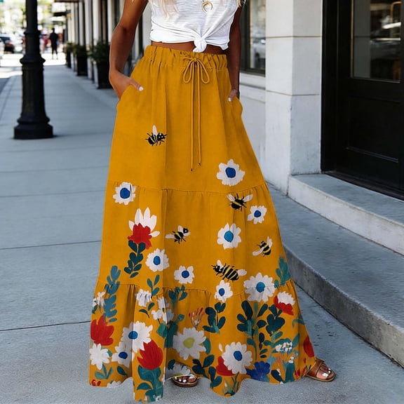 SOOMLON Boho Skirts for Women Plus Size Soft Floral Skirt Elastic Waist Maxi Skirt with Pockets Summer Vacation Skirt
