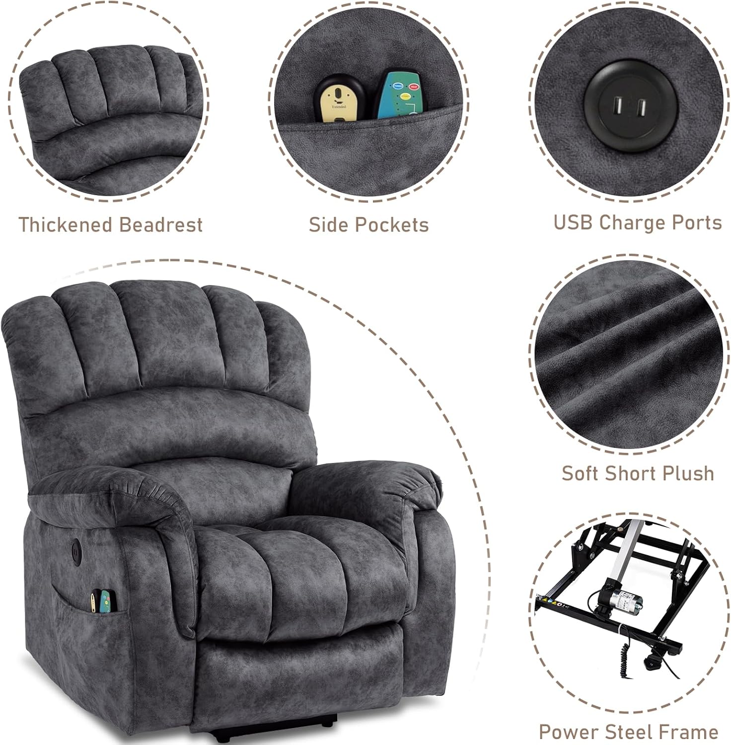 EPICOZY Large Power Lift Recliner Chair for Elderly Big Tall Man, Overstuffed Heated Massage Wide Electric Recliners with Extended Footrest, 2 Remote Controls, Side Packets & USB Ports, Fabric Grey
