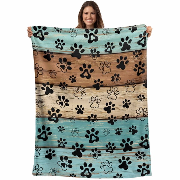 Aqua Brown Blanket Soft Cozy Warm Throw Blanket for Couch, Plush Fuzzy Flannel Fleece Blankets for Sofa, Rustic Farmhouse Dog Paw Vintage Bed Blankets Lightweight Gifts for Women, 32"x48"