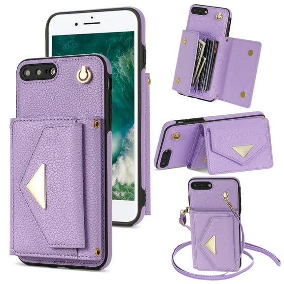Allytech for Applel iPhone 7 Plus / iPhone 8 Plus Case, Premium PU Leather Multiple Cards Slots Large Space Wallet Case with Crossbody Shoulder Strap for Girls Women - Purple