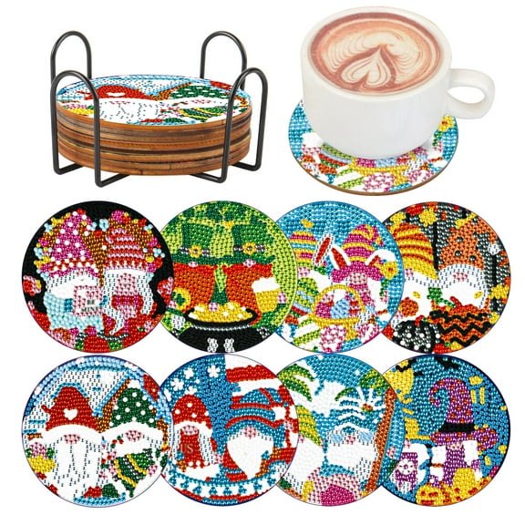 8pcs DIY Diamond Painting Coaster Kit Colorful Gnome Design with Stand The Perfect Choice for Home Decor and Gifting