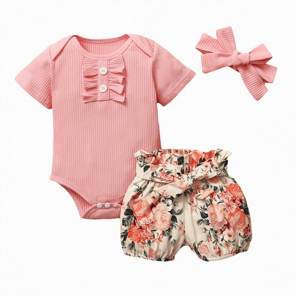 NOLDARES Newborn Infant Baby Girl Clothes Romper Shorts Set Summer Outfits Cute Baby Clothes Girl(Pink,12-18 Months)