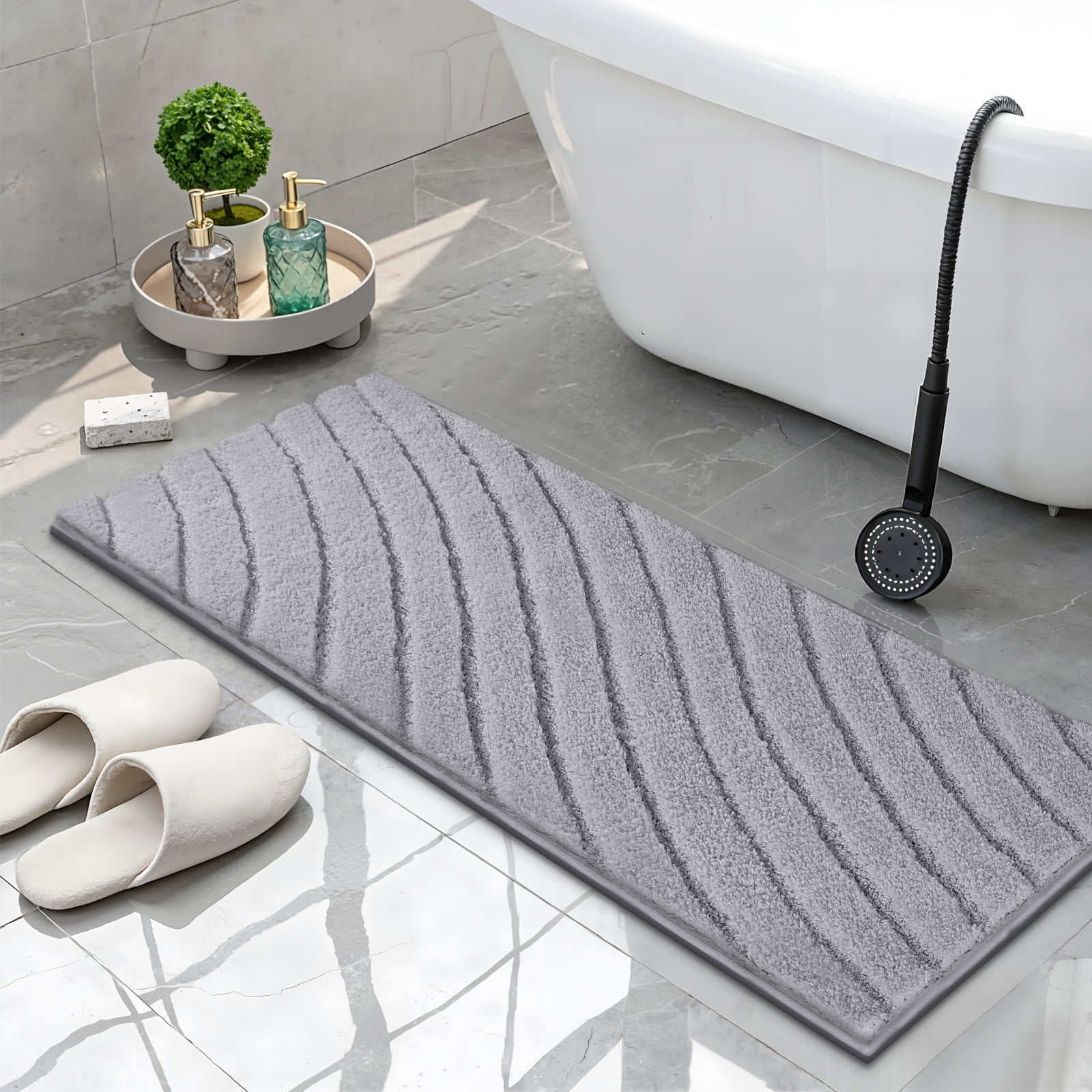 Findosom 3pcs Bathroom Rugs Set with U-Shaped Mat,Non Slip Machine Washable Wave Bath Mat,Ultra Soft Plush Shower Rugs for Bathroom,Tub,Shower20"x32"+20"x59"+U 20"x24"Gray