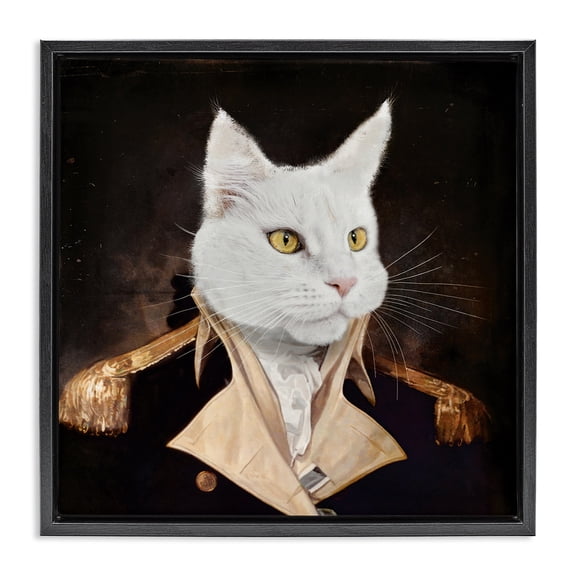 Stupell Industries White Cat in Uniform Animals & Insects Painting Black Floater Framed Canvas Art Print Wall Art, 18 x 18
