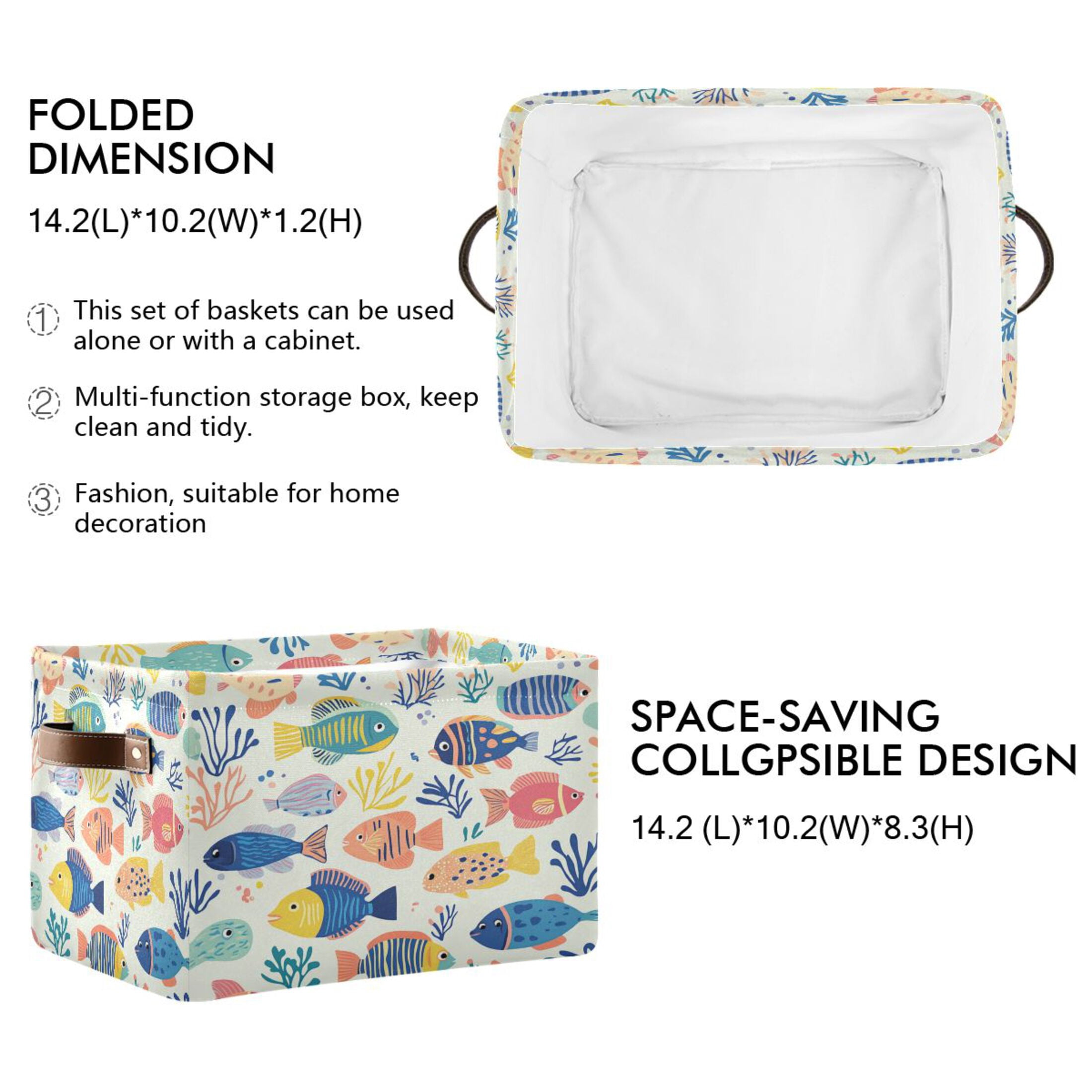 Vibrant Colorful Fish Pattern Foldable Storage Basket,Canvas Fabric Foldable Storage Bins with Handles Open Home Storage Bins Boxes for Toy Book Shelf Closet Baskets