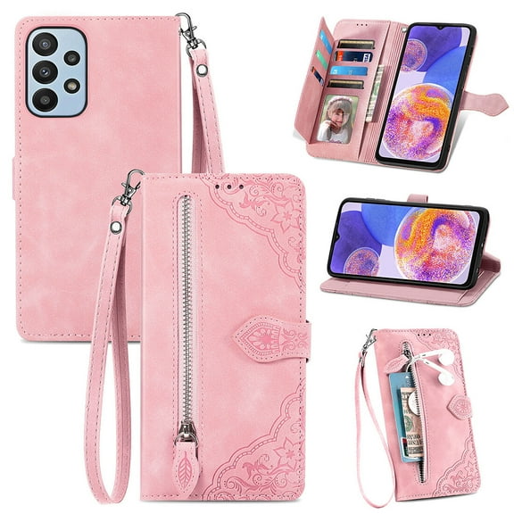 SYITOOCK Phone Case for Samsung Galaxy A23 4G/5G, Shockproof PU Leather Wallet Case with Card Slots Anti-Scratch Stand Magnetic Flip Zipper Pocket Cover for Samsung Galaxy A23 4G/5G, Pink