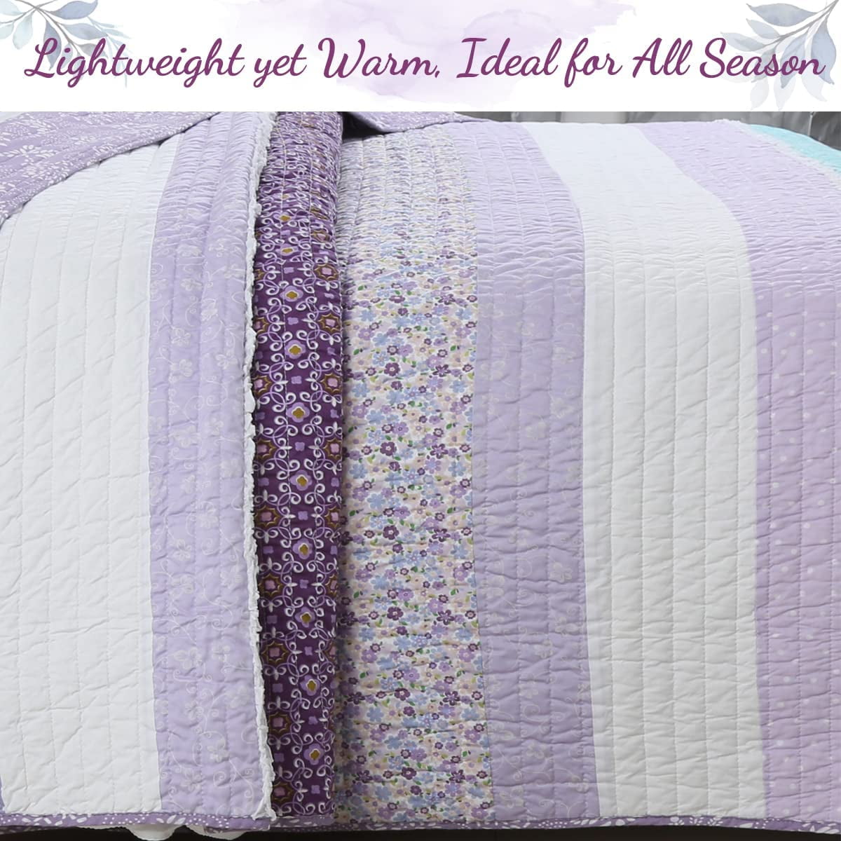 Purple Cosmos Spring Floral Stripe Garden Lavender Teal & White Ruffle Cotton Queen Reversible Quilt Bedding Set