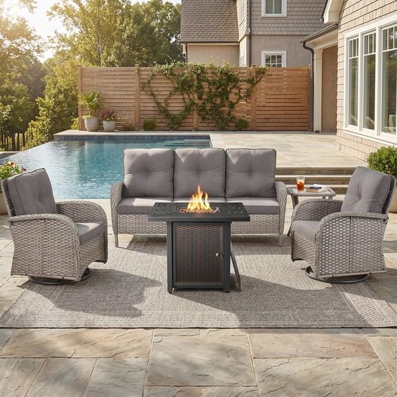 PARKWELL Patio Furniture Set with Propane Fire Pit Table, 5-Piece Outdoor Sectional Conversation Set, Gray PE Rattan Patio Sofa with Swivel Chairs for Patio Backyard Porch Deck, Gray