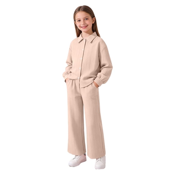 Girls Ribbed Knit Matching Set Khaki, 2 Piece Outfit Button Down Shirt & Wide Leg Pants for Tween Girls 7-12, Casual Big Girls Clothes,Size 11-12 T
