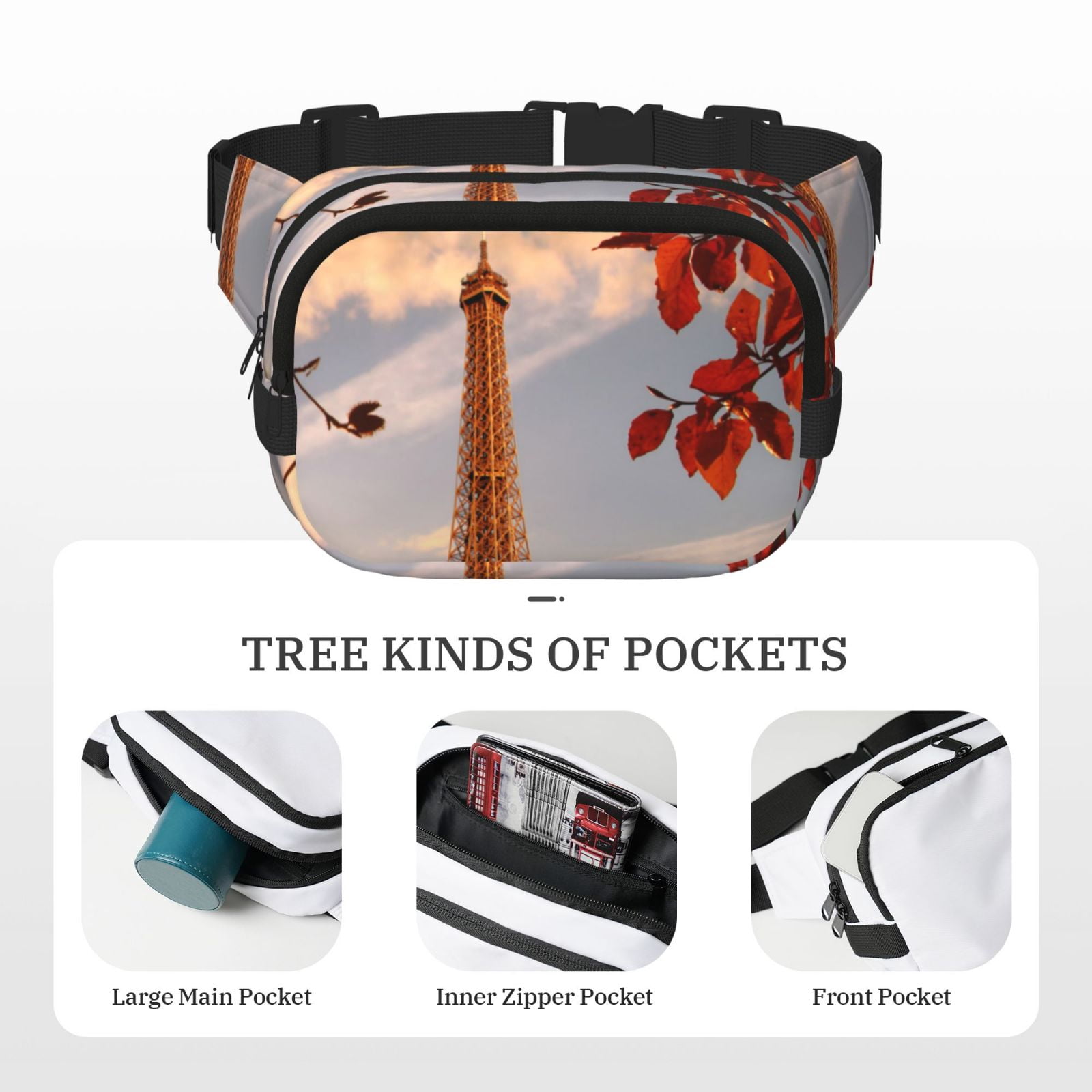 Picia Eiffel Tower Print Square Double-Layer Waist Bag Mini Adjustable Waist Belt Bag Exercise Running Travel Hiking