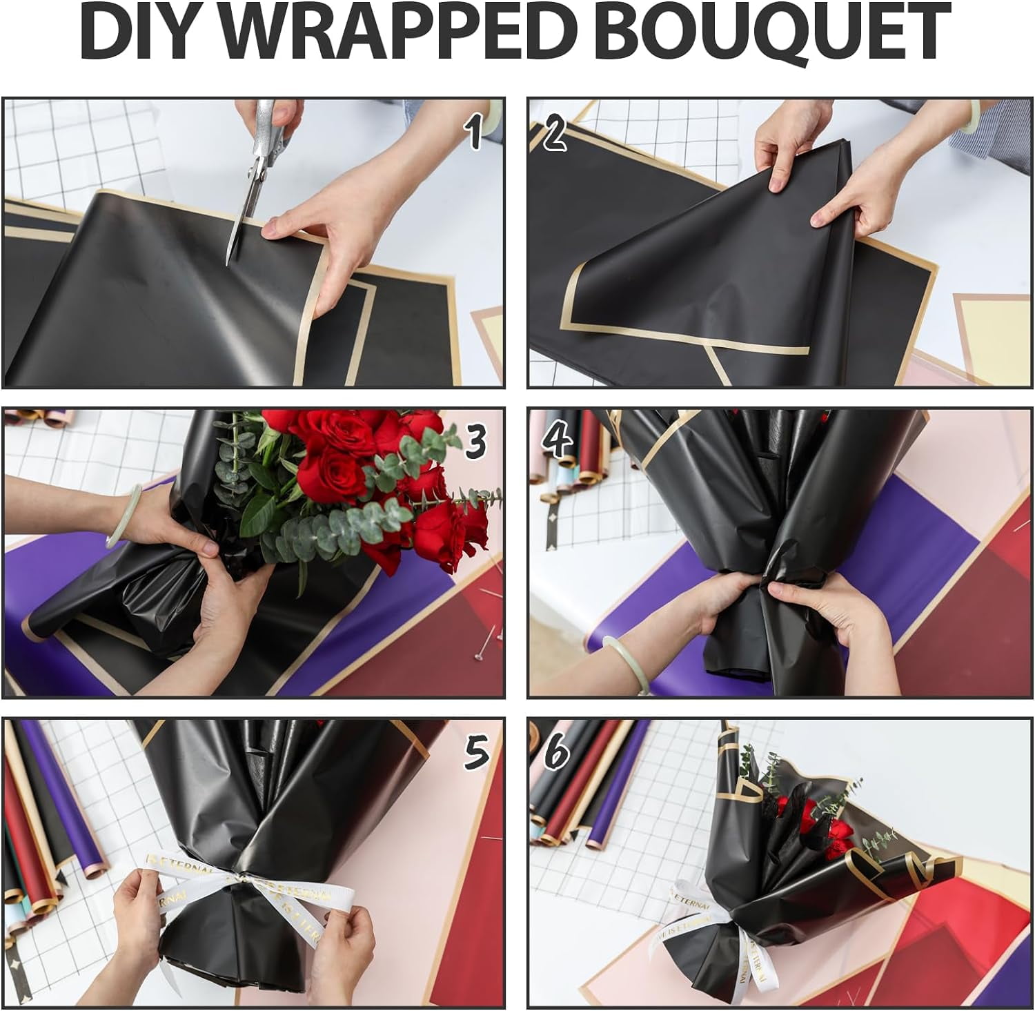 20 Sheets Flower Wrapping Paper - Waterproof Floral Bouquet Wrapping Paper, Florist Supplies Packaging Paper for Wedding Birthday Gift DIY (Black)