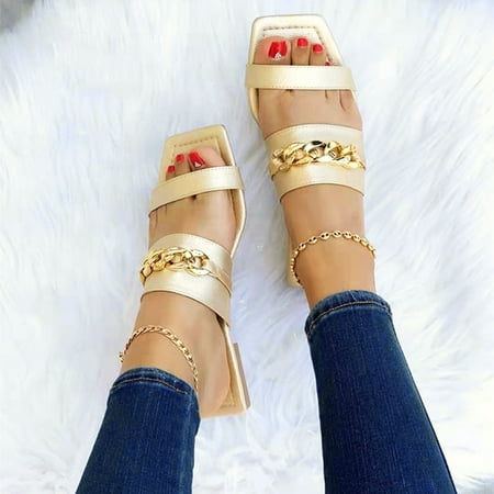 

NECHOLOGY Sandals Women Size 7w Ladies Fashion Solid Color Leather Metal Chain Flat Casual Flat Sandals for Women Wide Gold 7.5
