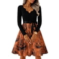 thumbnail image 6 of Halloween Dresses for Women Bat Hepburn V-Neck Spooky Tea Length Dress Spider 1950s Long Sleeve Vintage Dresses with Belt 2XL, 6 of 7
