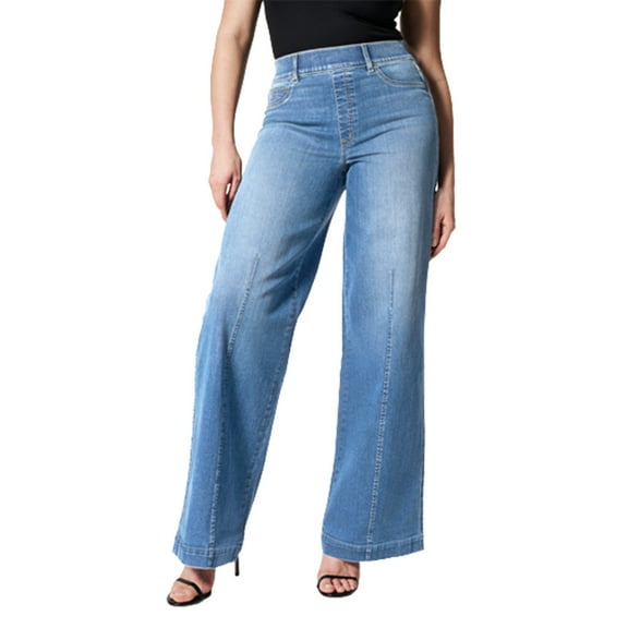 jtjvou Wide Leg Denim Pants High Elasticity Mid Waist Elastic Waist with Washed Pockets Casual Comfortable Fashion Trendy Long Pants for All Seasons Daily Wear Blue M