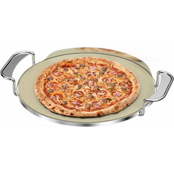 Gourmet BBQ System Pizza Stone, 13-inch Baking Stone with Stainless Steel Carry Rack, Compatible With Weber 8836, Kettle Charcoal/Smoke/Gas/Ceramic Grills, Pizza Oven