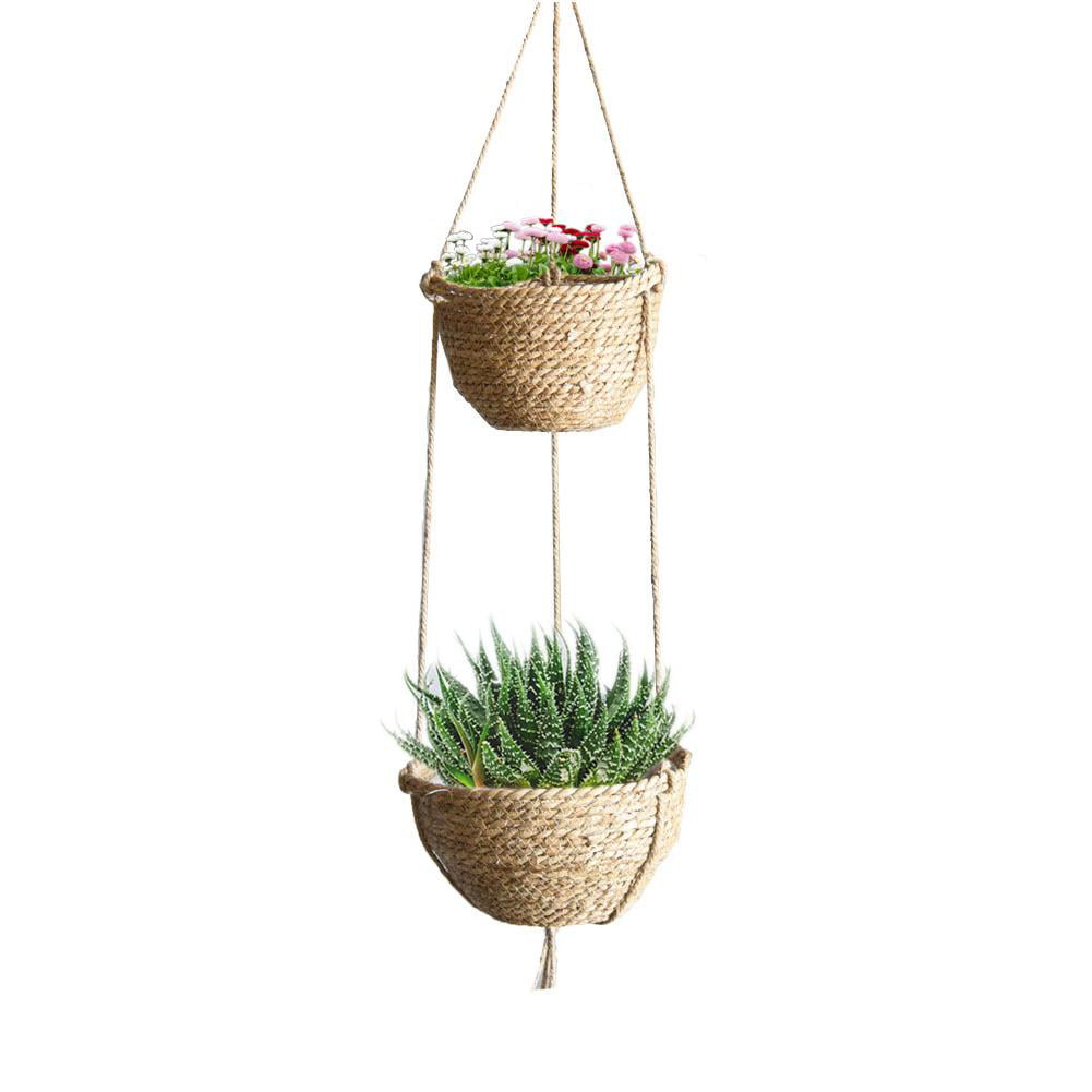 Hanging Planter Indoor 2-Tier Seagrass Hanging Baskets Hanging Plant Holder 