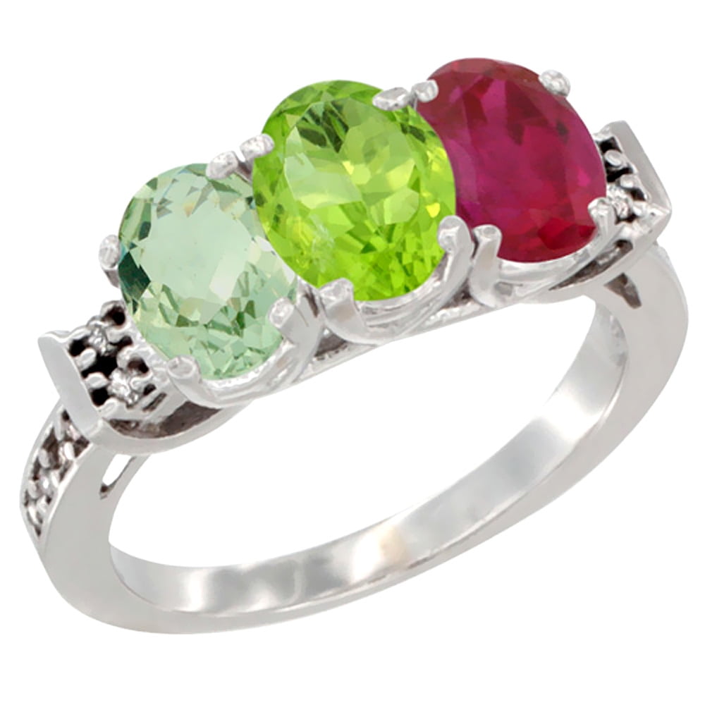 10K White Gold Natural Green Amethyst, Peridot & Enhanced Ruby Ring 3-Stone Oval 7x5 mm Diamond Accent, sizes 5 10 by WorldJewels