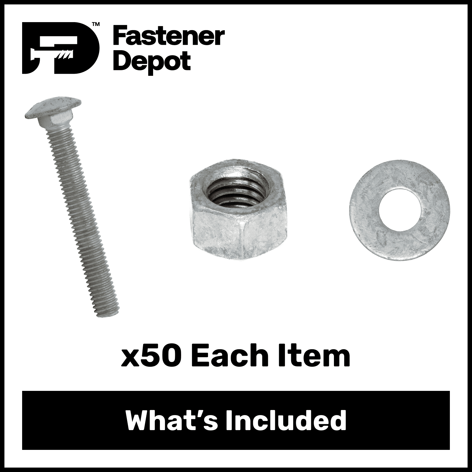 5/16"-18 x 5-1/2" Hot Dipped Galvanized Carriage Bolt w/Nuts & Flat Washers, Quantity 50 - by Fastener Depot, LLC
