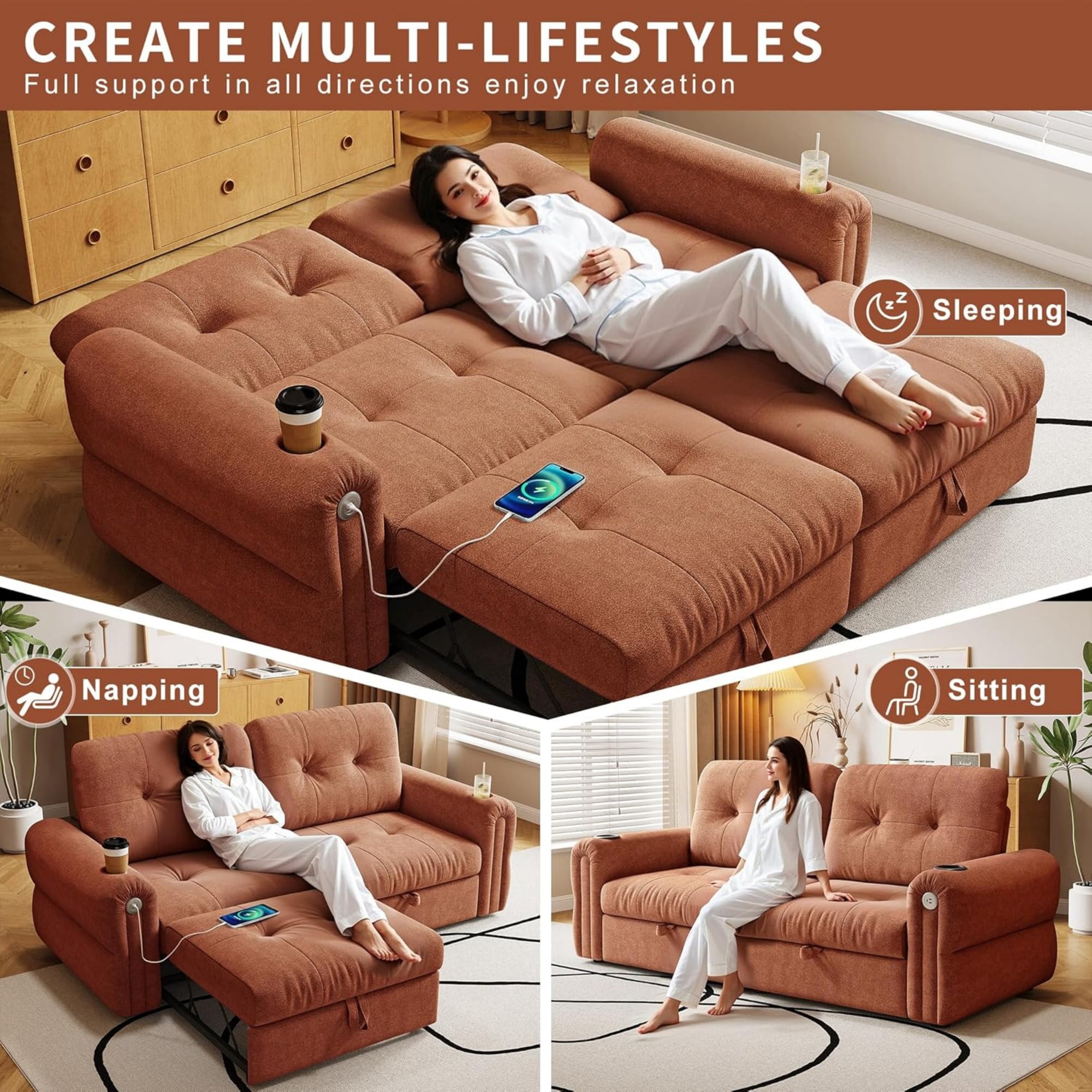 LLappuil 77" Pull Out Sofa Bed Queen Size, Loveseat Sofa Convertible Sofa Bed with USB Port Cupholders, Chenille Sofa Couch for Living Room Orange