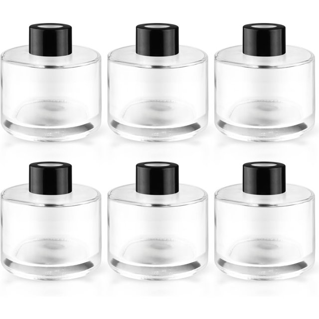 DynnnDy 6 Pack 100ml/3.4oz Empty Clear Glass Diffuser Bottle with Black Cap Refillable Round-Shaped Essential Oil Containers Fragrance Diffuser Jars Use for Home and Office Decorative