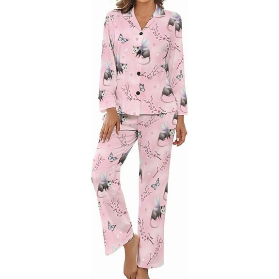 Top-kevin Womens Pajamas Set Possums Butterflies Cherry Soft Long Sleeve Sleepwear Button Down Sets