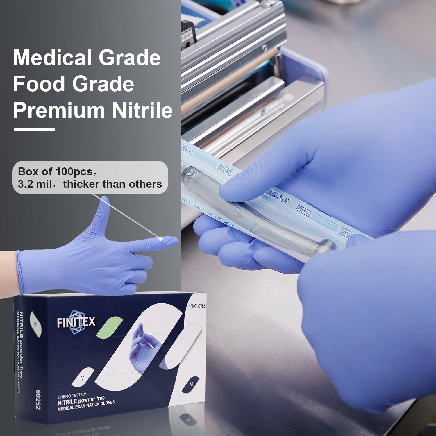 FINITEX Nitrile Disposable Gloves, Blue Medical Exam Gloves 100 of Pack, Latex-free, Rubber Free, Food Safe Examination Chemo Glove, 3.2 Mil, Medium