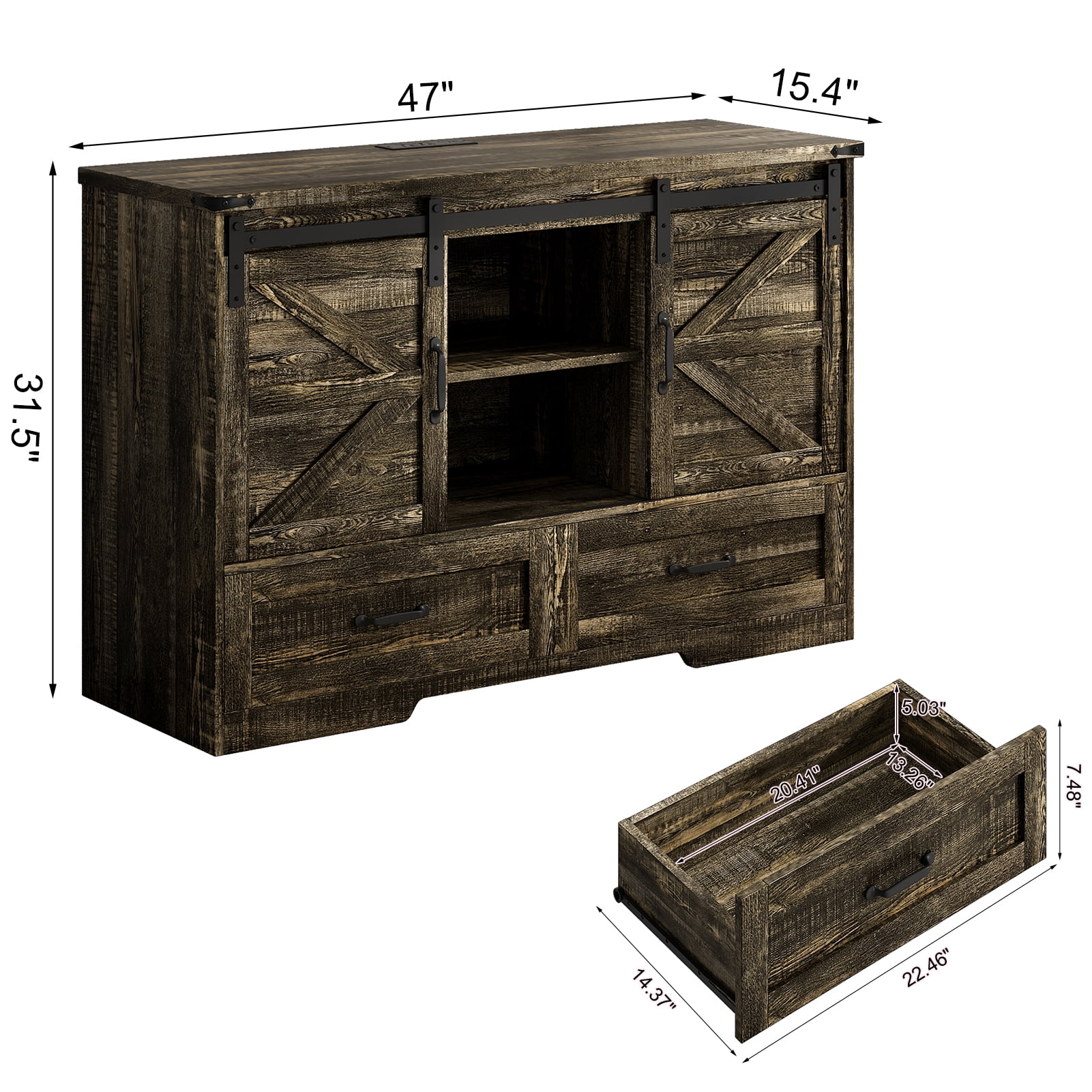 ChVans 47'' Farmhouse Dresser with LED Light & Power Outlet,  2 Drawers, 2 Sliding Doors, 2 Storage layers, Rustic Dresser TV Stand for 60in TV, Wood Storage Cabinet for Bedroom, Living Room, Hallway