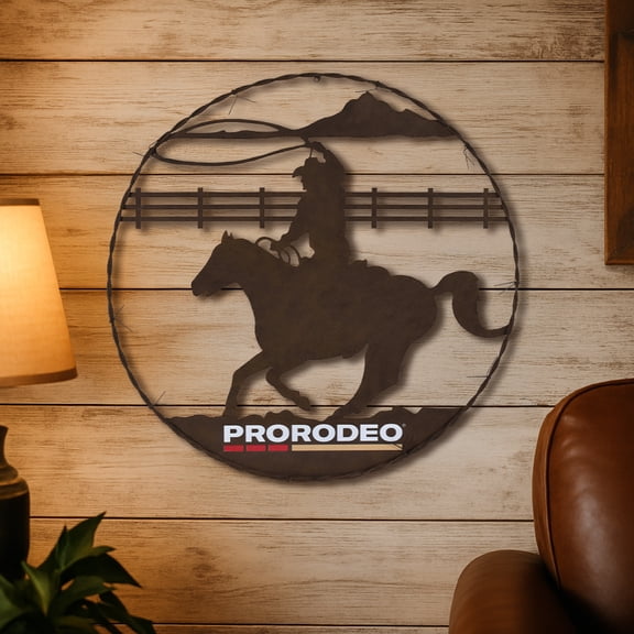 American Art Decor Metal Barbed Wire Wall Art - "ProRodeo" Cowboy Silhouette Riding Horse Western Wall Decor, Rustic Framed Rodeo Metal Artwork for Farmhouse, Country, and Western Home Decor