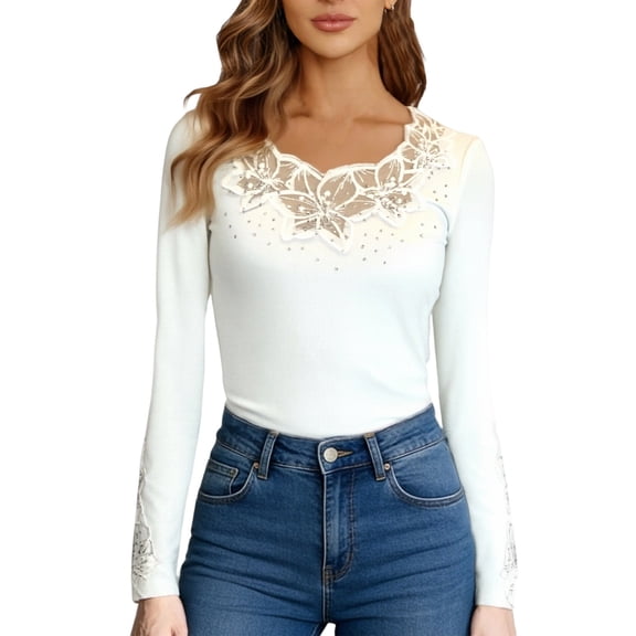 JAJAHO Long Sleeve Shirts For Women Lace Trim Rhinestone Scoop Neck Solid Color Top Slim Fit 2026 Spring Outfits Stylish Tops