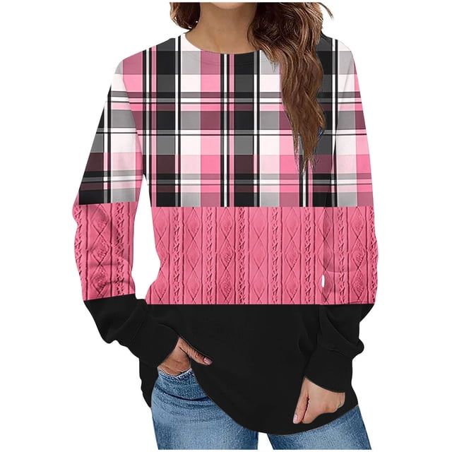 KIHOUT Chandails en Molleton de Mode pour Femmes, Manches Longues Décontractées à Carreaux Patchwork Col Rond Ample Blouse Chandail Tops, Taille P-2TG