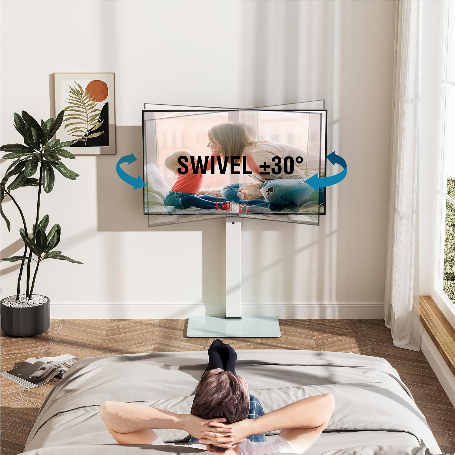 FITUEYES Floor TV Stand for 32–75 Inch TVs, White, Swivel Mount, Tempered Glass Base