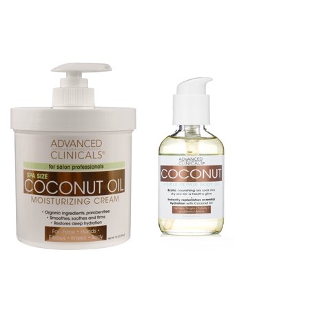 Advanced Clinicals Coconut Oil Body Cream and Coconut Body oil skin care set for men and women. Large 16oz cream for face and body and 4oz body oil helps with stretch marks, scars, and