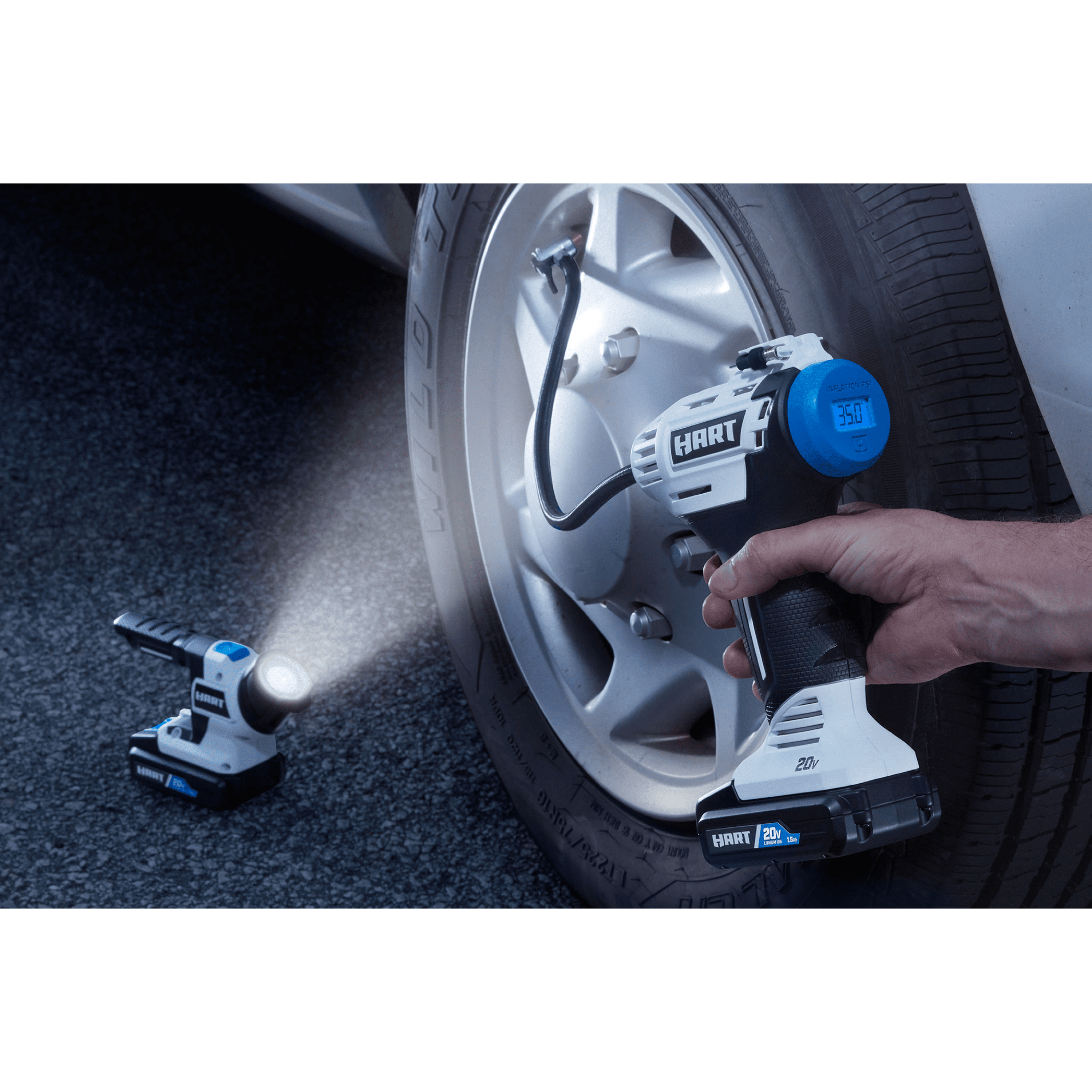 HART 20-Volt Cordless Inflator and LED Light Kit, (1) 1.5Ah Lithium-Ion Battery