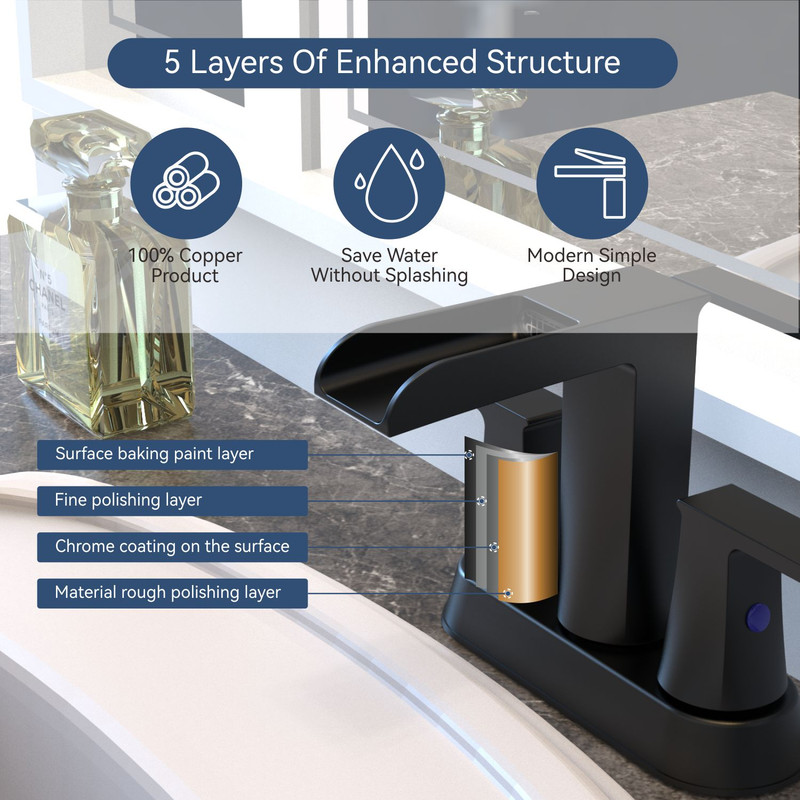 AUKTOPT Bathroom Faucet with Waterfall Spout, Dual Handle Solid Brass 3 Hole Deck Mount Sink Faucet, Easy Installation, Water-Saving, Matte Black
