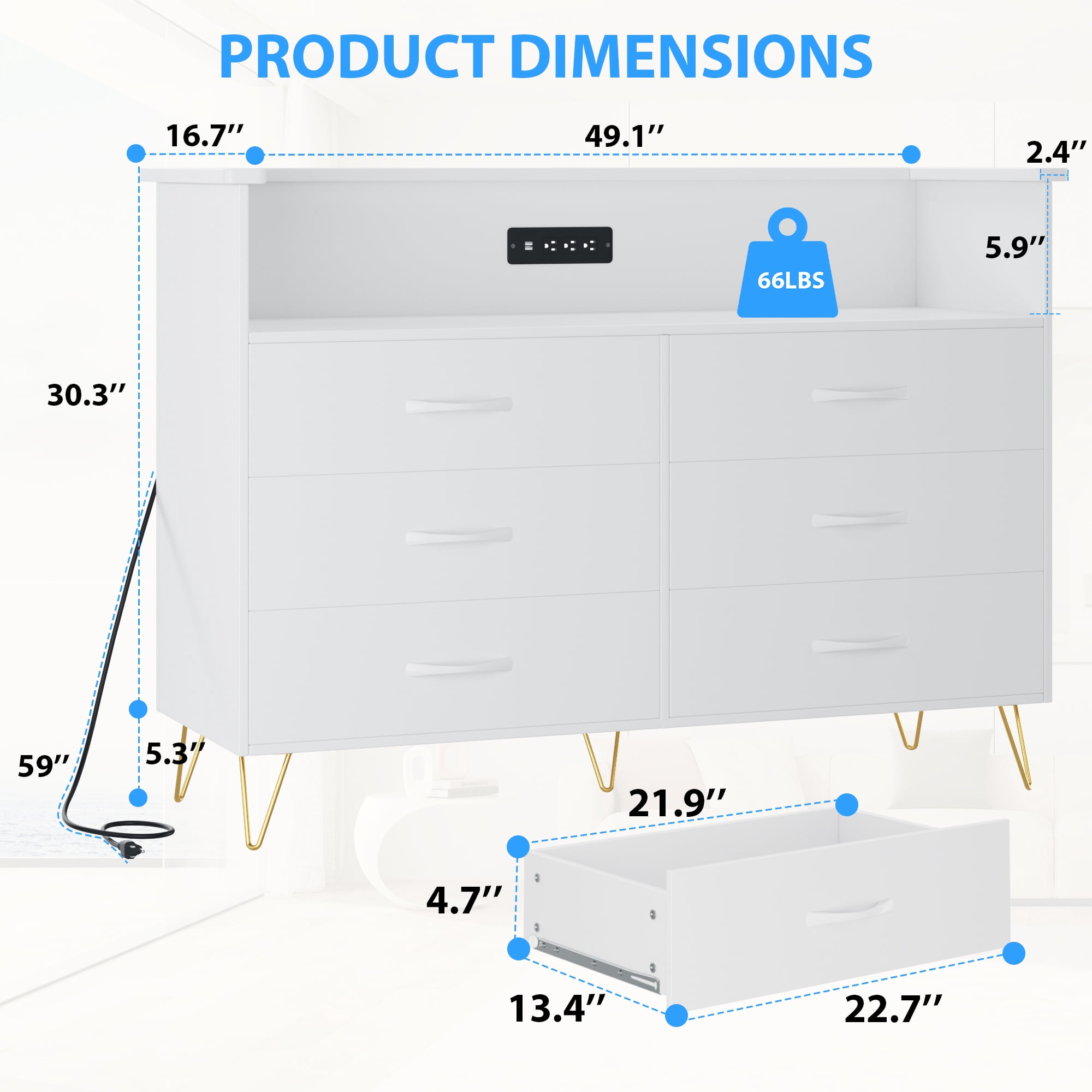 Homhougo Dresser for Bedroom 6 Drawer White with LED Light & Charging Station, Wooden Dressers and Chests of Drawers with 2-Tier Open Shelves, Wide Dresser Organizer for Living Room Hallway Entryway